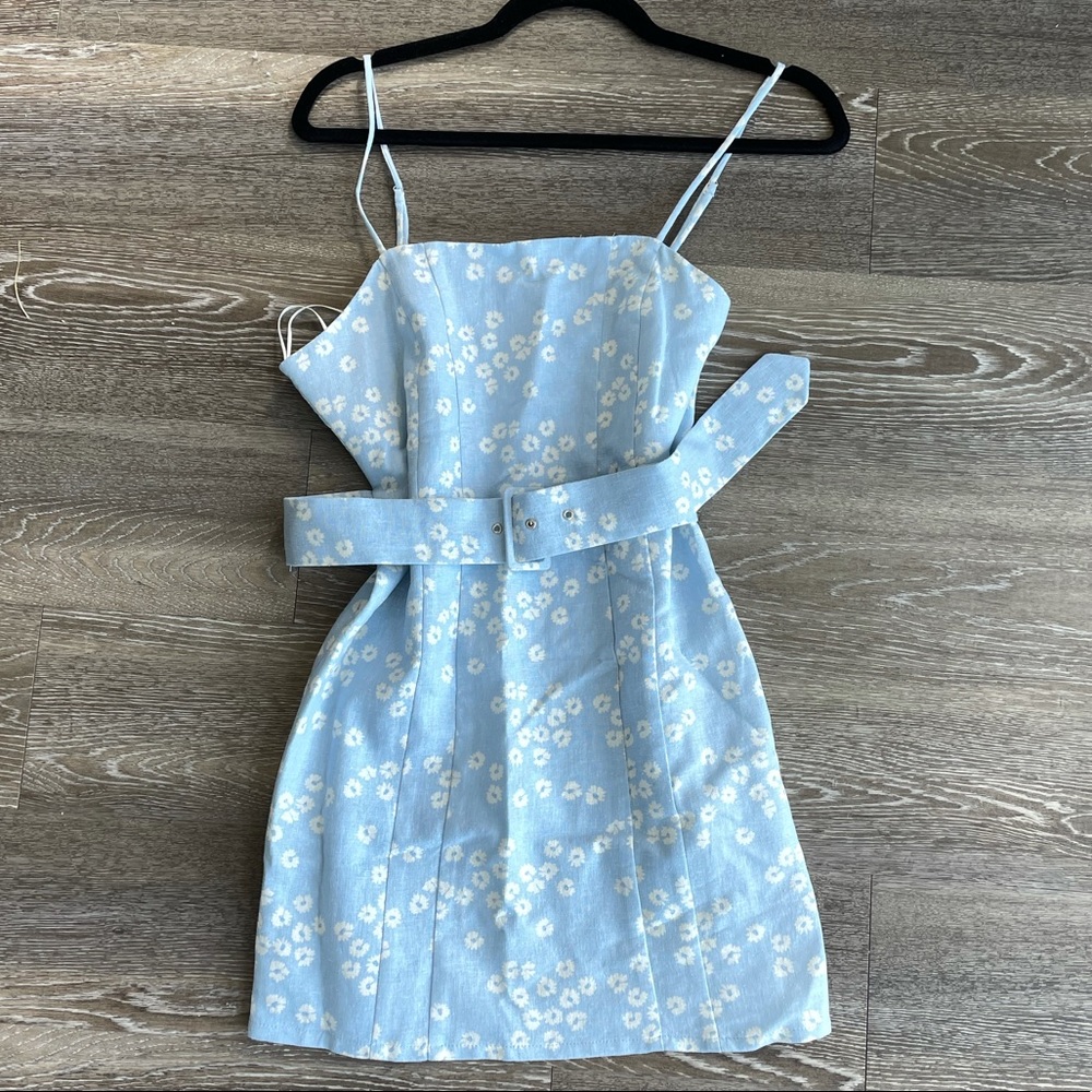 New Light Blue Belted Spaghetti Strap Zara Dress